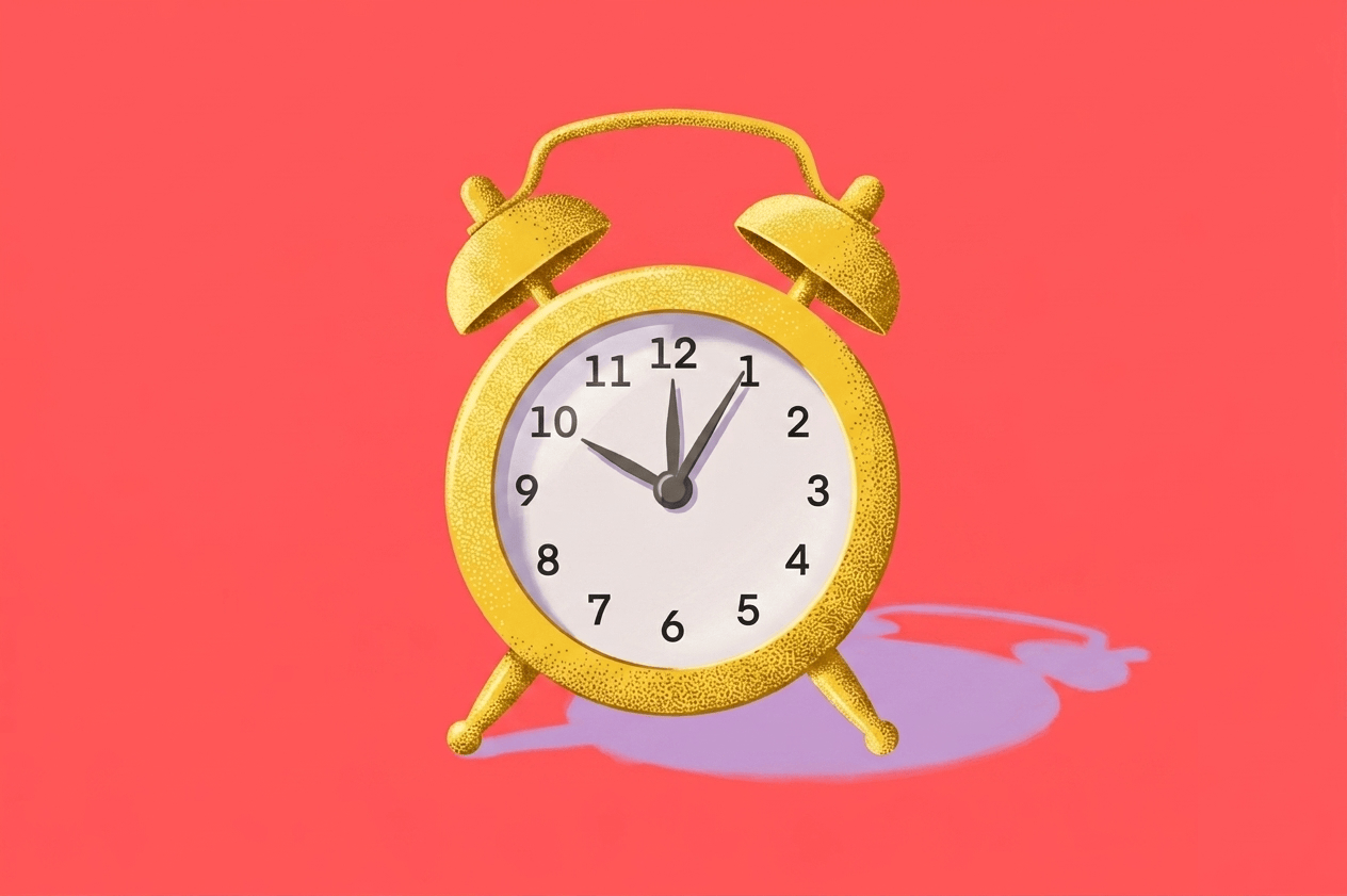 Reloj despertador amarillo sobre fondo rojo estilo 80s