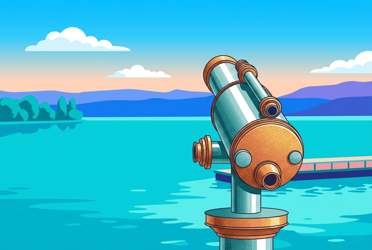 Telescopio apuntando hacia el horizonte frente a un lago